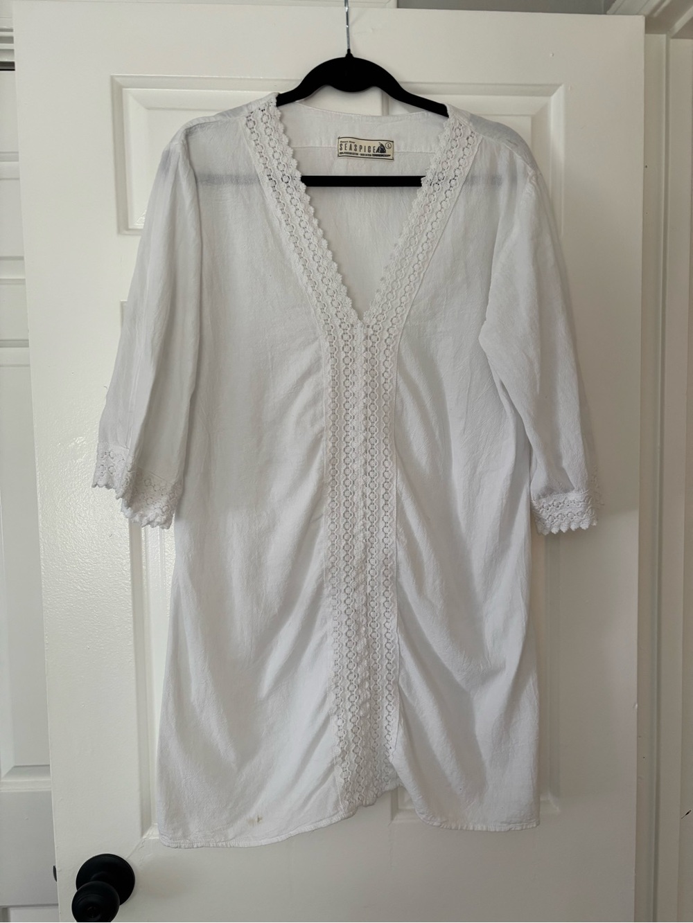 Seaspice White Crochet Trim Beach Cover Up Dress 100% Peruvian Cotton Size Large - Picture 3 of 8